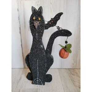 Unique wooden black cat bat Halloween home decor figure